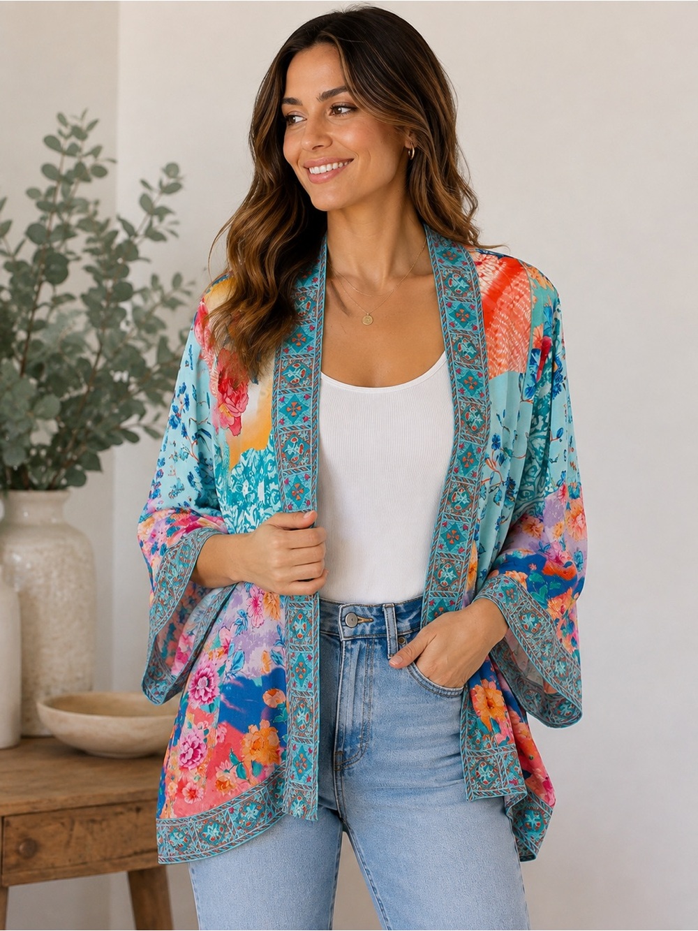 Colorful Floral Patchwork Kimono Jacket Open Front Boho